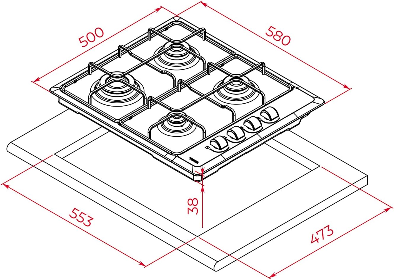 TEKA Placa de Gas Butano, 60 cm, 4 Fuegos, Mandos Ergonómicos, Seguridad Termopar, Parrillas Esmaltadas, HLX 640 KL