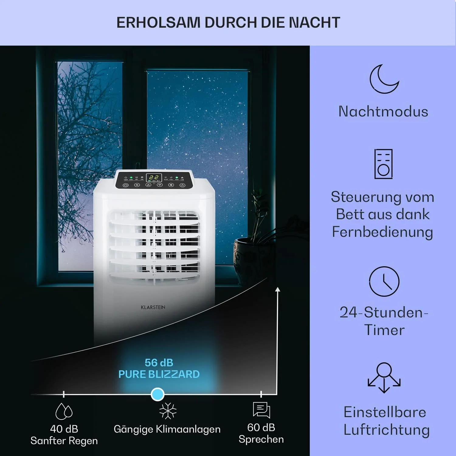 Klarstein Mobiele Airco met Afvoerslang, 3-in-1 Airconditioner met Ventilator & Luchtontvochtiger, Kleine & Draagbare Airco voor Thuis & op Kantoor, met Nachtmodus & App-bediening, 7000 BTU