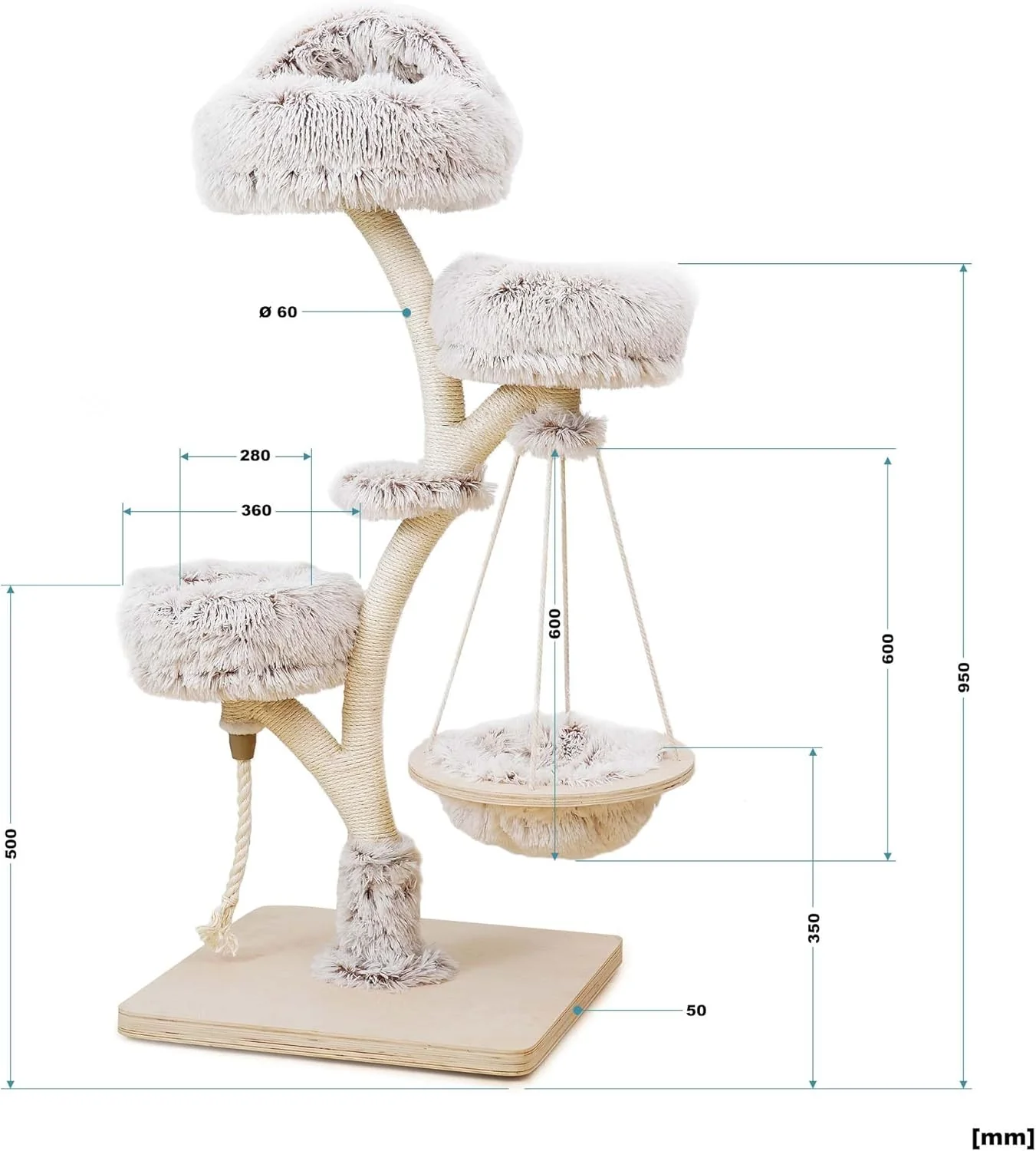 Fudajo Designer Krabpaal in Takontwerp 130 cm hoog, Kattenkrabpaal met Pluche en Sisal, Klimboom voor Katten, Kattenboom met Hanggemat