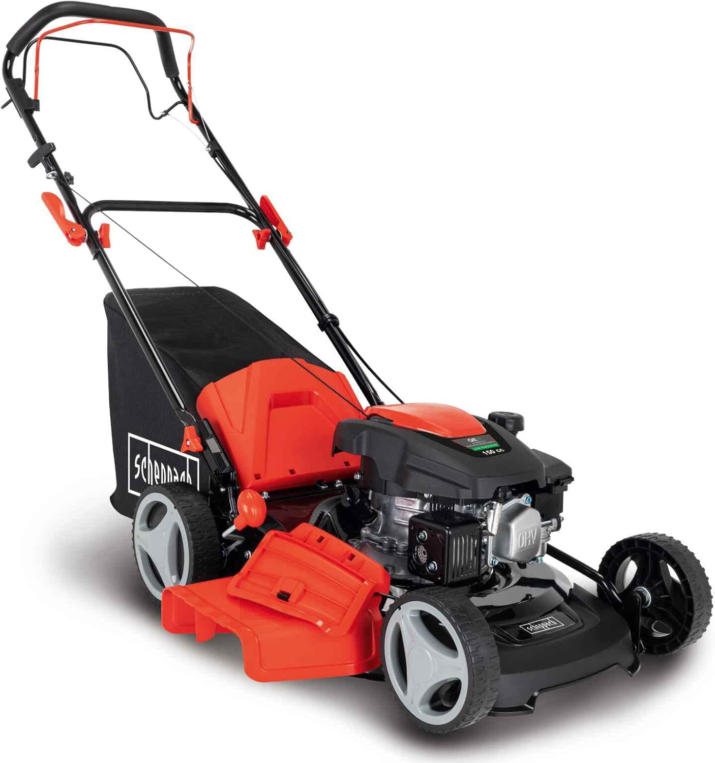 Scheppach MS161-46 Benzin Rasenmäher - 46 cm Schnittbreite | 55 Liter Fangkorb | Stahlgehäuse | 7-stufige Höhenverstellung | Mulchfunktion | Radantrieb | Seitenauswurf | inkl. Motoröl