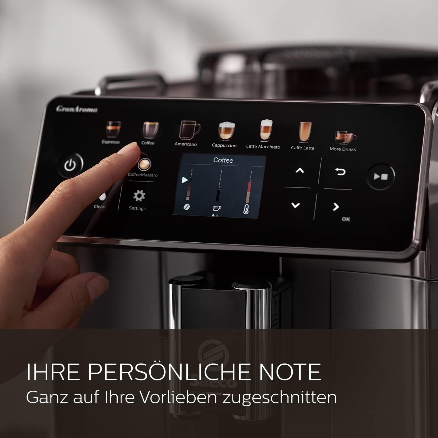 Saeco GranAroma Kaffeevollautomat mit 14 Kaffeespezialitäten, intuitives Farbdisplay, 4 Benutzerprofile, Keramikmahlwerk, Edelstahl-Schwarz (SM6585/00)