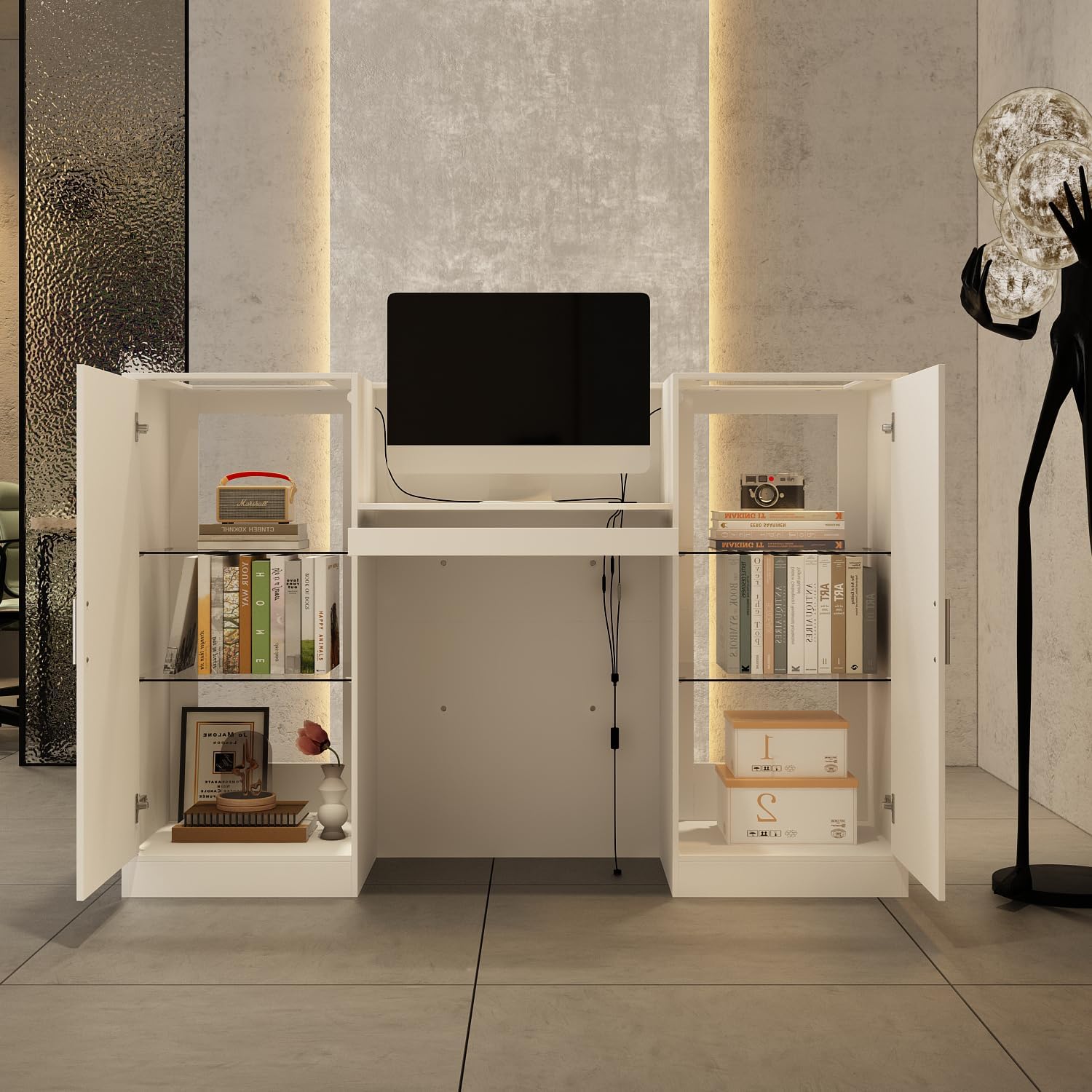 Caldion Empfangstheke mit LED-Beleuchtung,Empfangstresen mit Tatsaturschublade,Rezeptionstheke aus gehärtetem Glas,Empfangstisch mit 2 Schränken,Esszimmer,Büro,Weiß,150x51x103cm