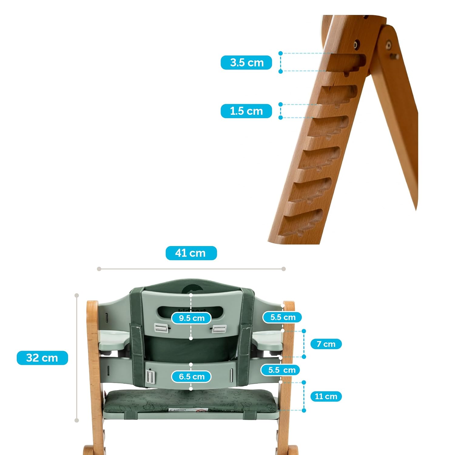 Holzhochstuhl Drömmer Unique bis 75kg Mitwachsender Faltbarer Hochstuhl aus Buche für Kinder mit Sitzkissen 5 Punkt Gurt zusätzliche Ablage Schrittgurt 9 Höhenverstellungen Schutzbügel Grau