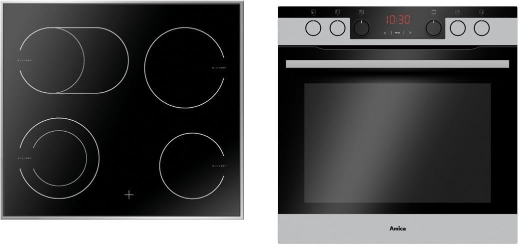 Amica Einbauherd Set | XXL Backofen | Glaskeramik Kochfeld mit Edelstahlrahmen | Heißluft | Umluft | Grill | Teleskopauszug | Bräter Zone | Zweikreis Zone