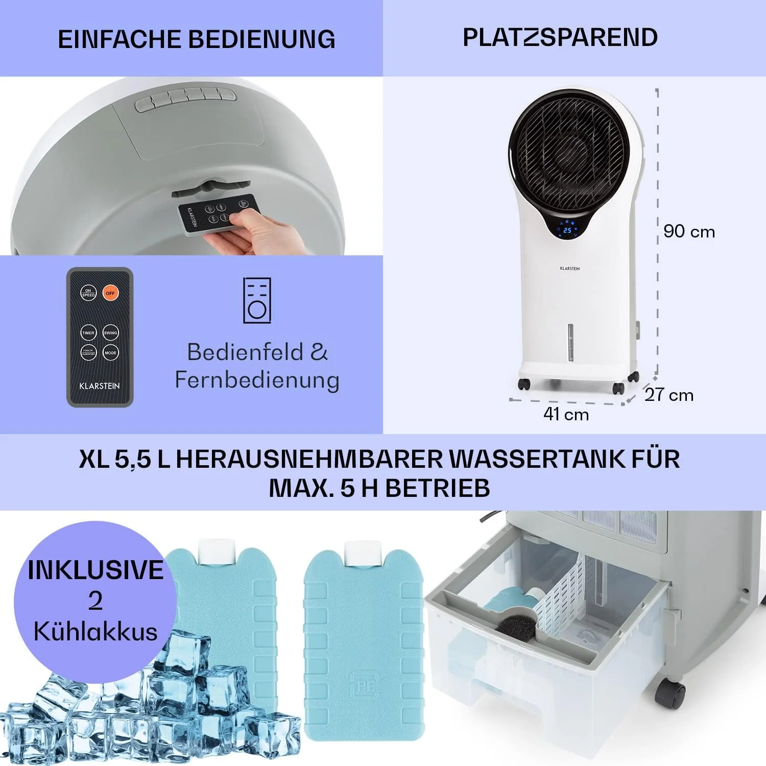 Klarstein Luchtkoeler met Waterkoeling, 3-in-1 Verdampingskoeler, Luchtbevochtiger & Ventilator, Mobiele Airconditioners Luchtkoeler met 5,5L Tank, 90W Air Cooler met Nachtmodus, 1600m3/u Luchtstroom