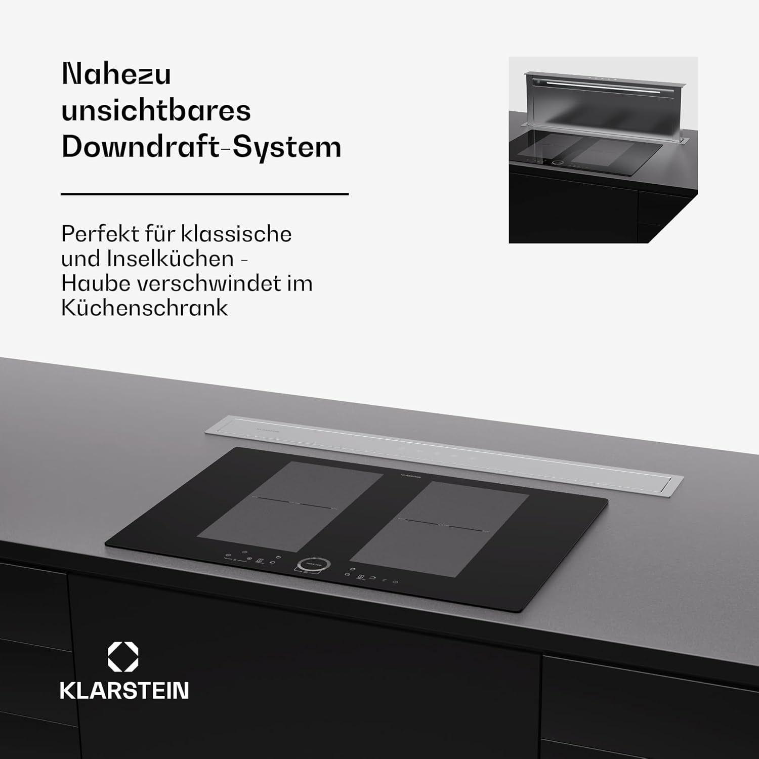 Klarstein Downdraft-Dunstabzugshaube, Versenkbare Abzugshaube, Leise Dunstabzugshauben mit Filter, Dunstabzugshaube 60cm, Umluft/Abluft Dunsthaube mit 10 Stufen, Dunstabzug 576 m³/h Luftstrom