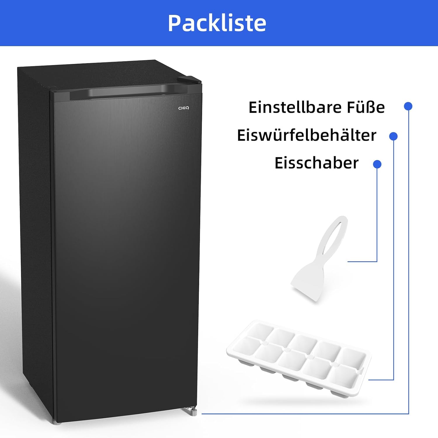 CHIQ Gefrierschrank FSD160D4E | Wechselbarer Türanschlag | Sehr Leise 41 DB (145L Manuelle Abtauung)| 12 Jahre Garantie auf den Kompressor*| 126 x 54 x 55 cm (HxBxT)