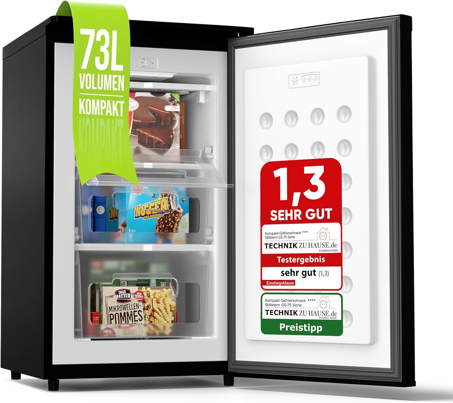 Stillstern Gefrierschrank C (73L) 4-Sterne-Gefrierfach -18°C ger. Energiever. Mini Freezer mit 3 Fächer, stufenlos reg. Temp., kleine Tiefkühltruhe, Türanschlag r./l. Tiefkühlschrank Klein Schwarz