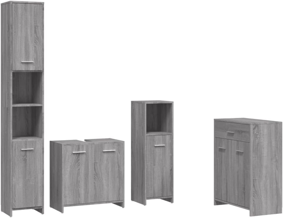 vidaXL Badmöbel Set 4 TLG., Badezimmermöbel mit Hochschrank Waschbeckenunterschrank Midischrank, Badschrank mit viel Stauraum, Waschtischschrank Badezimmermöbel, Grau Sonoma Holzwerkstoff