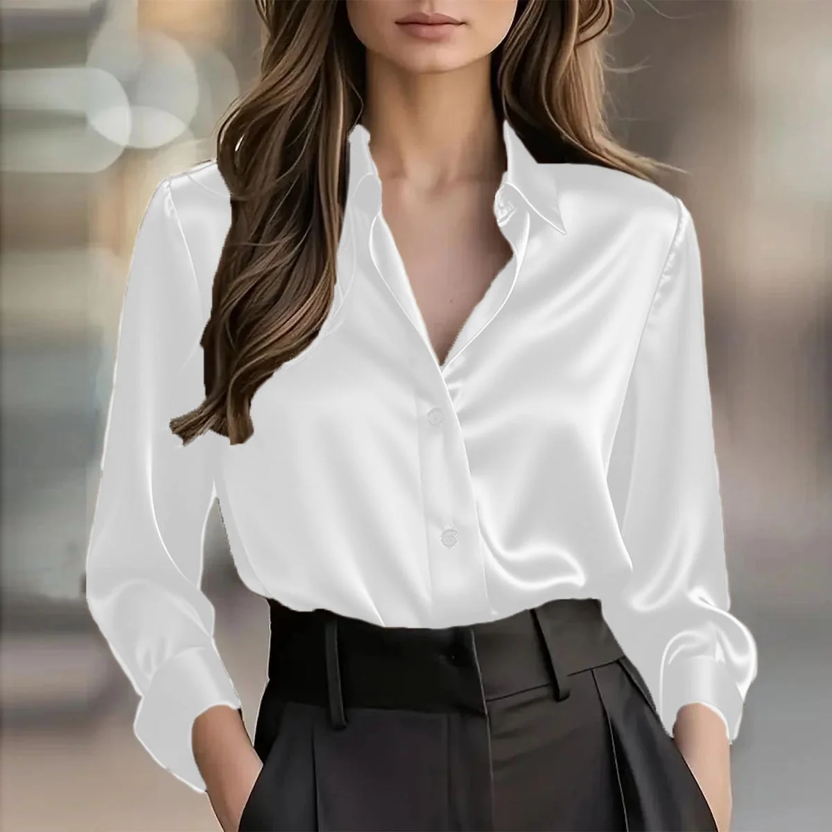 Damen Satin-Bluse mit Knopfleiste und langen ?rmeln