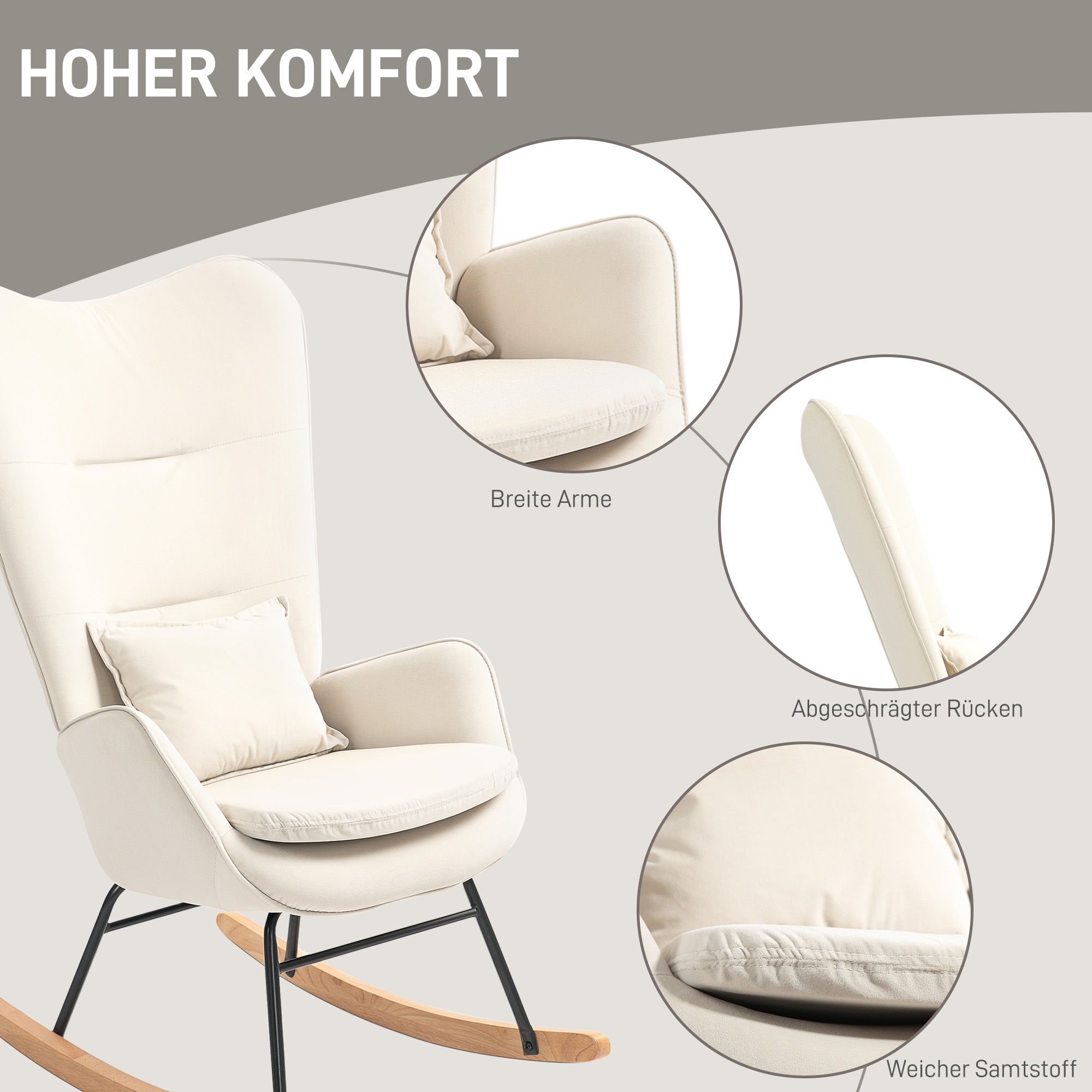 Schommelstoel in Samt-uitstraling met Lendenkussen, tot 120 kg, 67 x 85 x 112 cm, Crèmewit