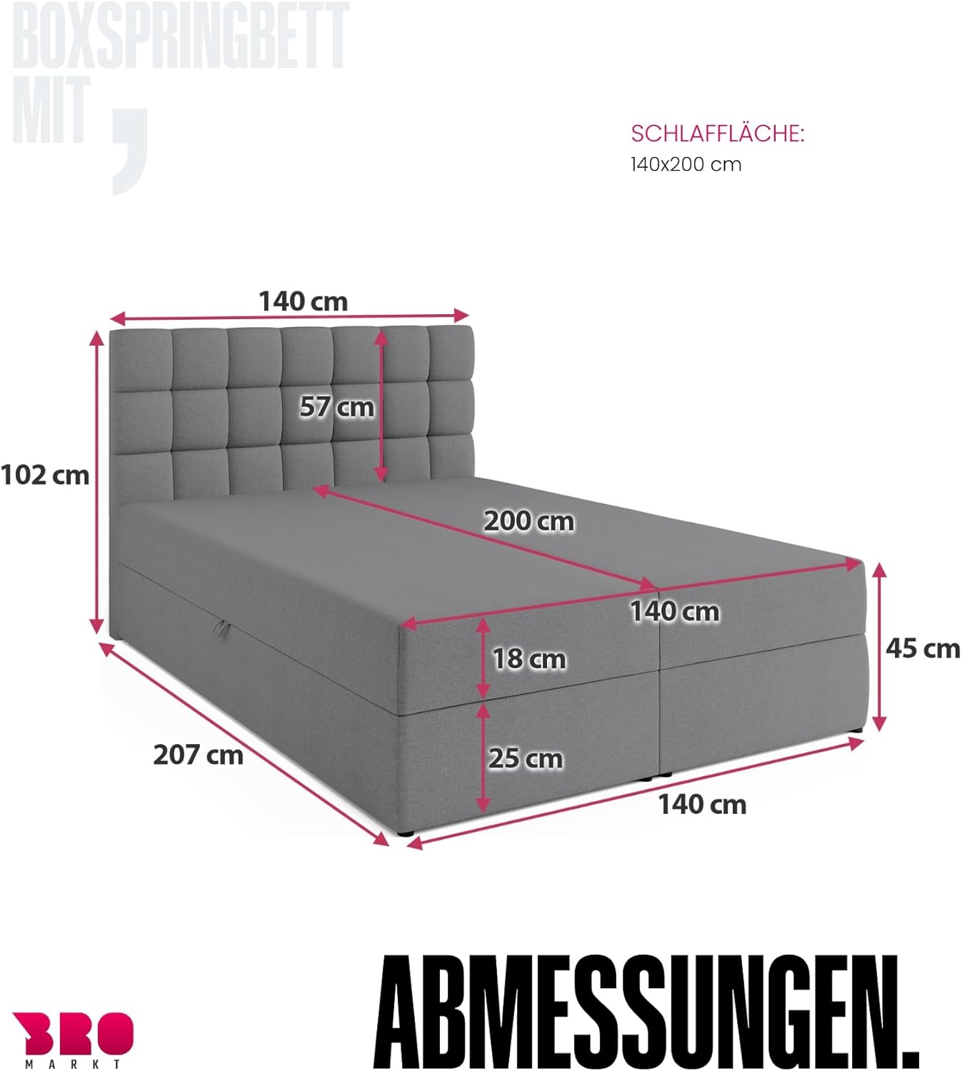 BROMARKT Boxspringbett mit Bettkasten Polsterbett mit Bonell-Matratze und Topper Bett für Schlafzimmer gepolstertes Kopfteil Dakota bonellfedern 140x200 Härtegrad H3 Grau Malmo