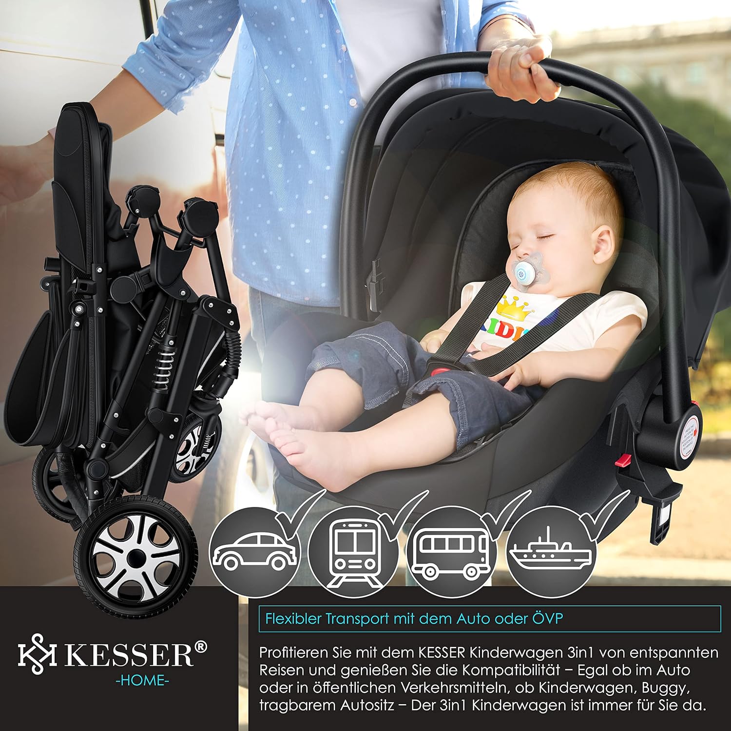 KESSER® Loops 3 in 1 Kinderwagen Kombikinderwagen Komplett-Set inkl. Babywanne & Buggy Sportsitz & Auto-Babyschale Voll-Gummireifen Wickeltasche Regenschutz Kindertisch ECE R129, Schwarz/Champagne