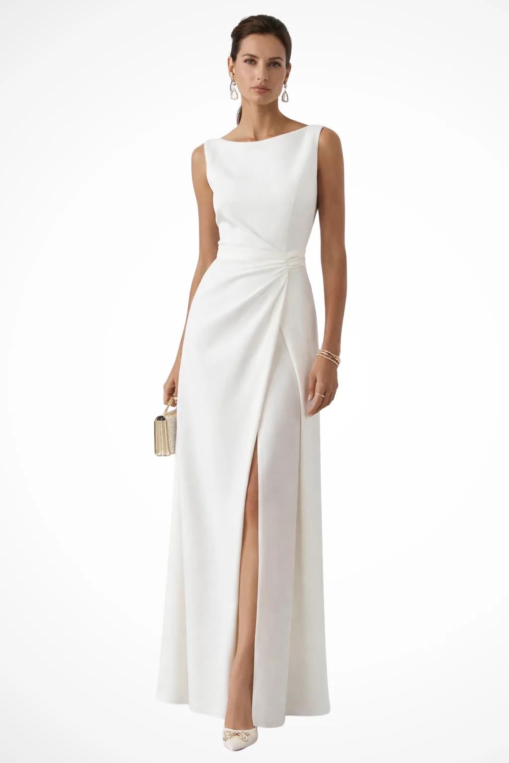 ?rmelloses Maxikleid f��r Damen - Elegantes Kleid f��r Hochzeitsg?ste mit raffinierter Taillendrapierung und U-Boot Ausschnitt