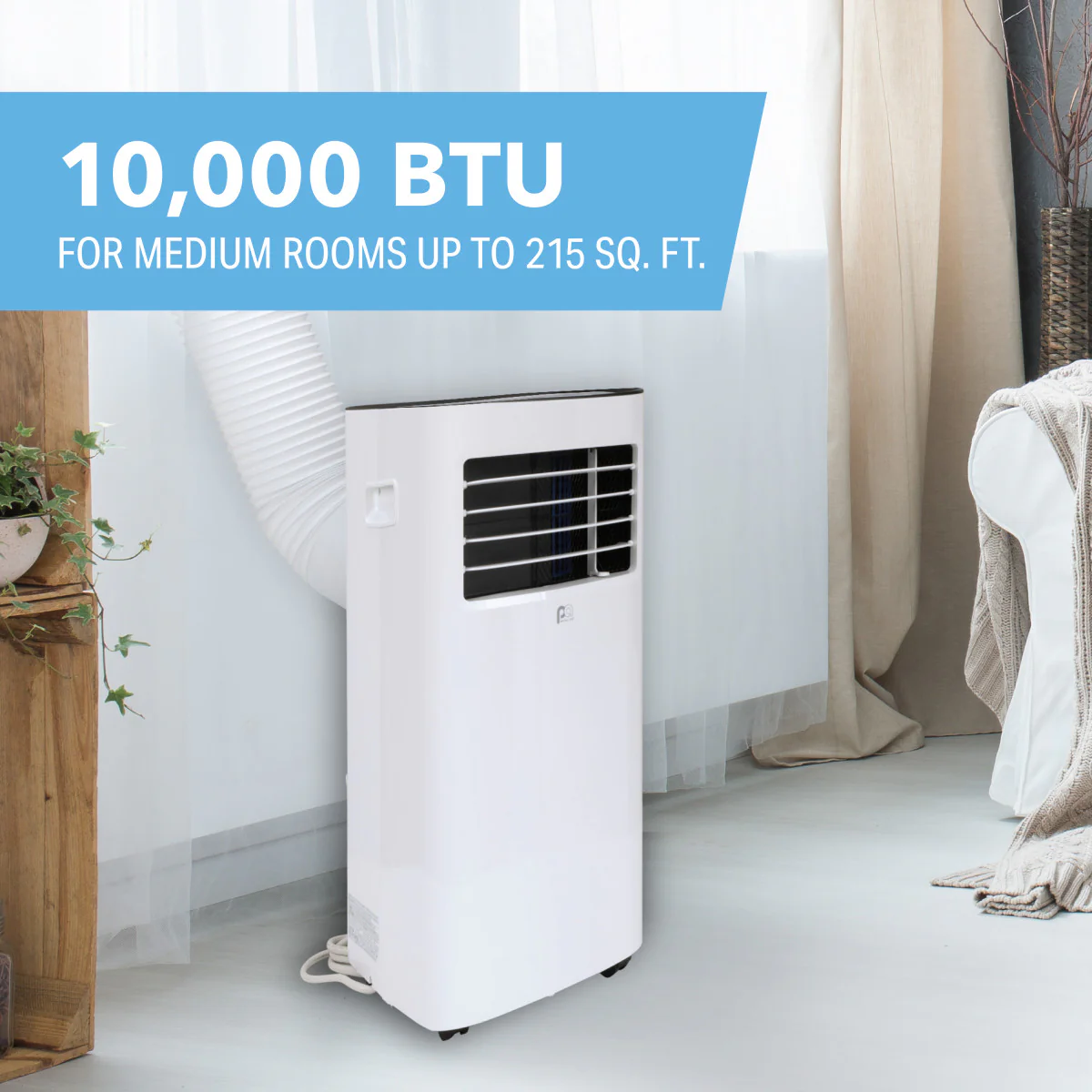 Compacte draagbare airconditioner met 10.000 BTU / 7.000 SACC en volledig functionele afstandsbediening