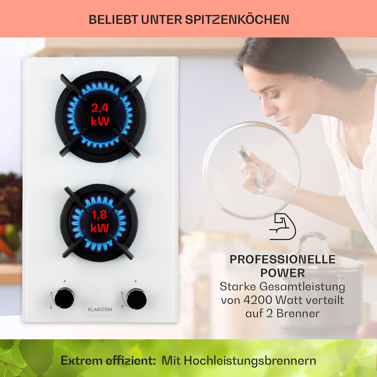 Klarstein Gasherd, Gaskochfeld 4 Flammig, Einbau-Gaskocher für Zuhause & Wohnmobil, Campingkocher mit Glasplatte, Gasherd für Propan- und Erdgas, Edelstahl Gas-Herdplatte Wok Brenner 8000 Watt