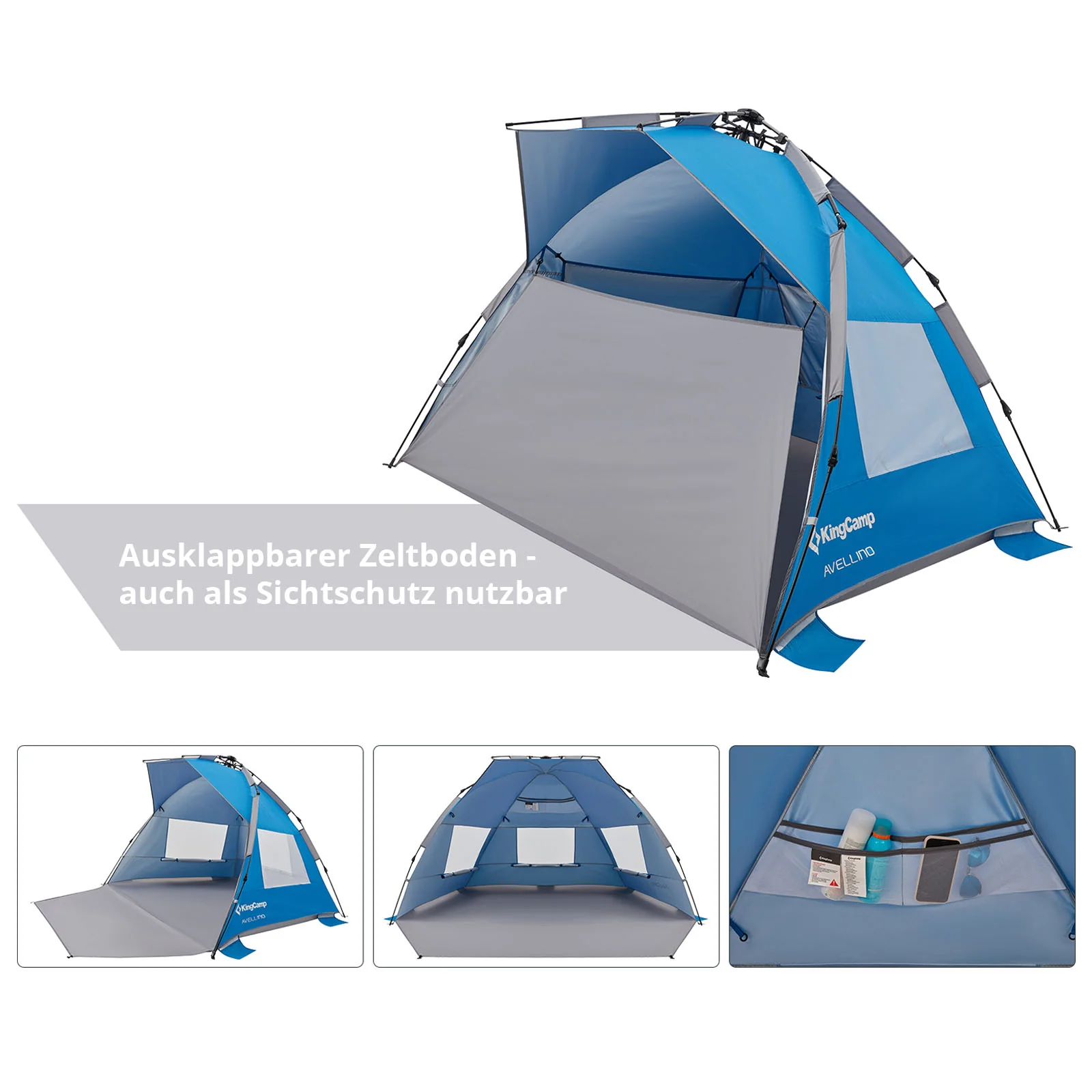 KingCamp Avellino Automatische Strandtent �C UPF50+ zonbescherming, wind- & privacybescherming met hydraulisch frame, zandzakken & gaasramen
