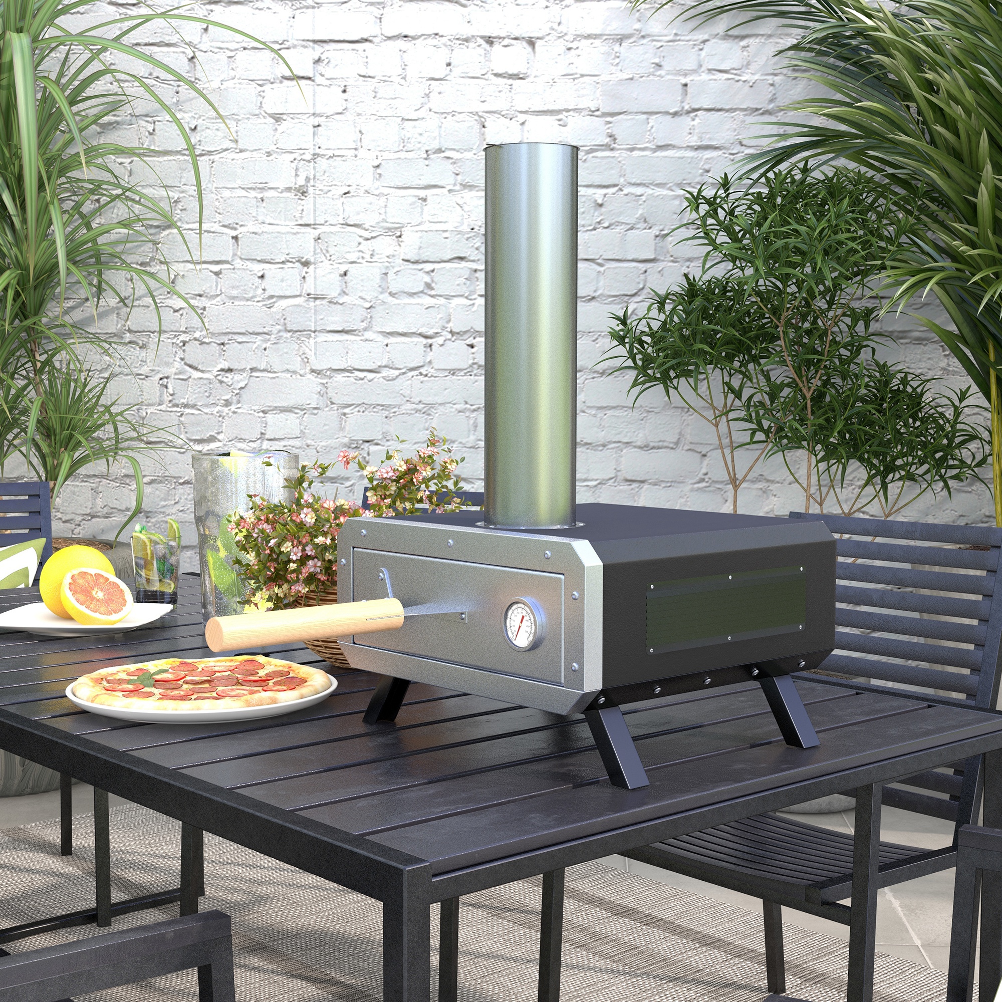 2-In-1 Pizzaoven Outdoor met Pizzasteen Houtoven Pizzaschep Pizzashovel Grilloven voor BBQ Staal Zwart