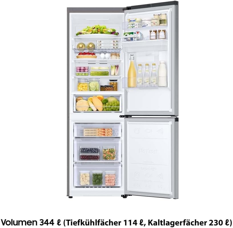Samsung Kühl-Gefrier-Kombination, Kühlschrank mit Gefrierfach, 185 cm, 341 l Gesamtvolumen, 114 l Gefrierteil, AI Energy Mode, Wasserspender, Edelstahl-Look, RL34C652CSA/EG