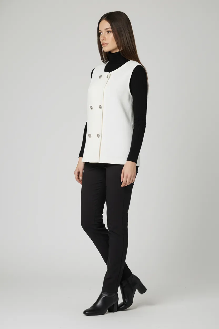 White Short-Sleeve less Jumper with Silver Buttons