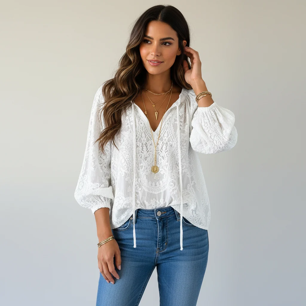 Damenbluse mit Spitze im Boho-Stil | Luftige Sommerbluse locker geschnitten | Feminine Spitzenbluse f��r Freizeit und Urlaub