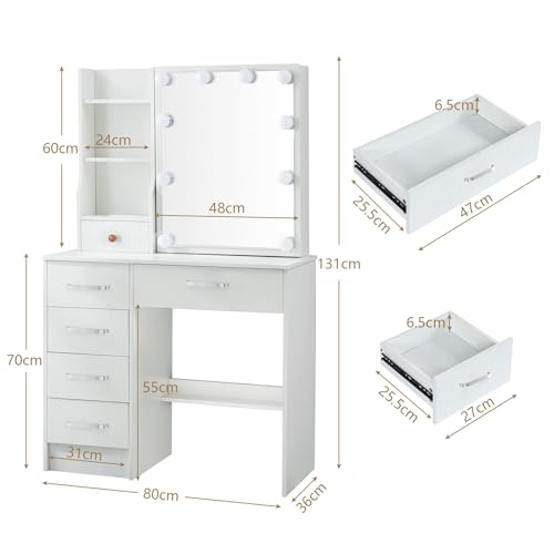 Saihemei Scrivania da trucco con specchio e 3 modalità di illuminazione, sgabello, 6 cassetti e ripiani – Mobiletto per cosmetici da camera da letto : Amazon.it: Casa e cucina