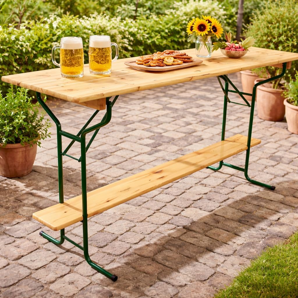 DEGAMO Stehtisch Bartisch Bamberg 70 x 220cm, Gestell Stahlrohr dunkelgrün, Tischplatte Kiefernholz transparent beschichtet, klappbar, Höhe 110cm