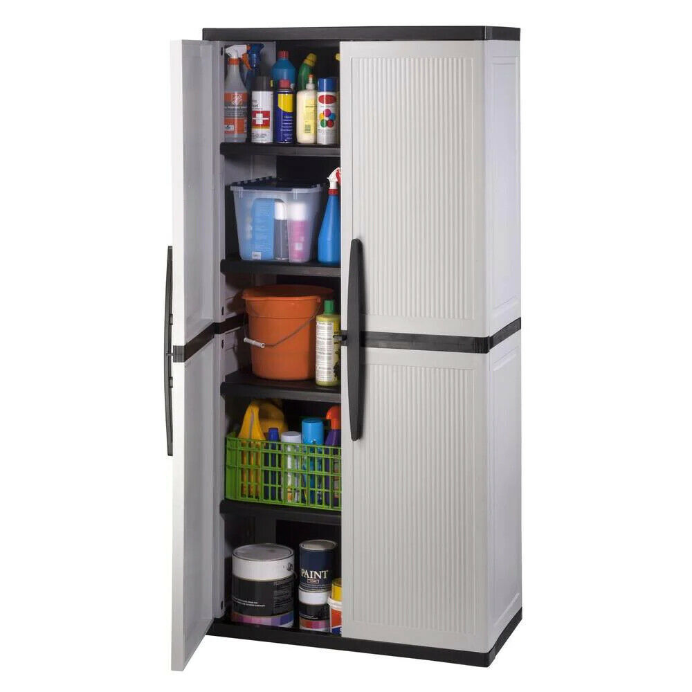 2025 Gray Plastic Freestanding Garage Cabinet, 35′′W x 71′′H x 18′′D, with Adjustable Shelves and Lockable Doors