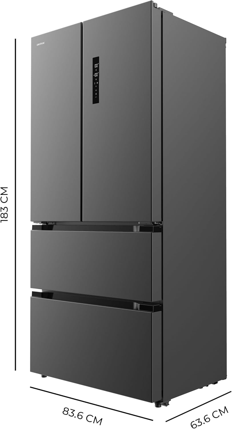 Cecotec Réfrigérateur Congélateur porte française Bolero CoolMarket FD 436 Dark E. 436 L, Total No Frost, Multi Airflow y compresseur inverter para ahorro energético.