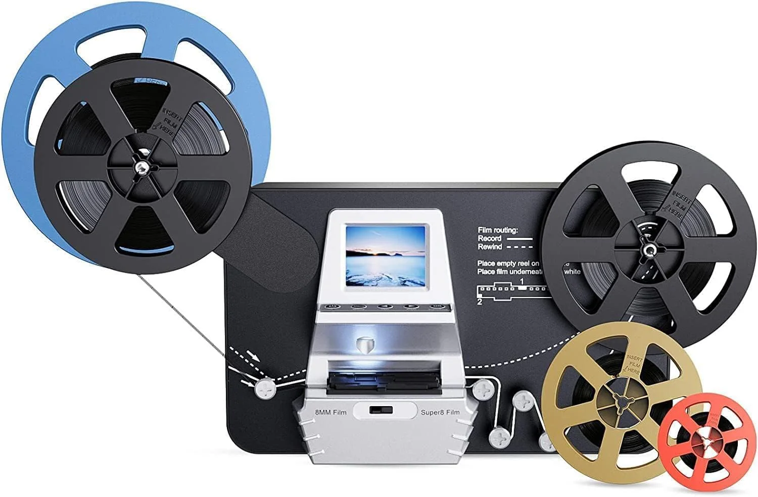 Super 8 Film Scanner, Converts Film in Digitales Video(3, 5, 7 und 9 Super 8/8 mm Film Rollen) MovieMaker/Film Digitizer, Super 8 Digitalisieren, mit 32 GB Speicherkarte und 2,4 LCD