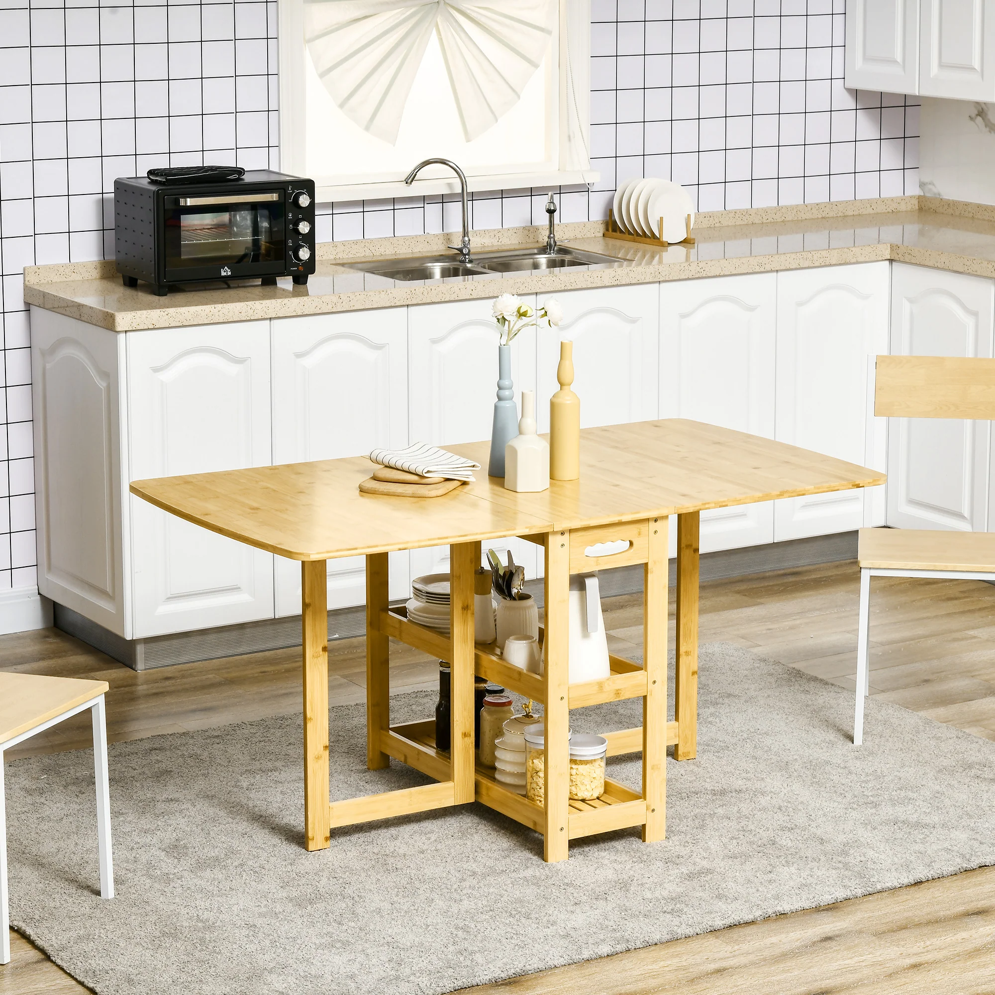 HOMCOM eettafel klaptafel met opbergvakken eetkamertafel keukentafel naturel hout