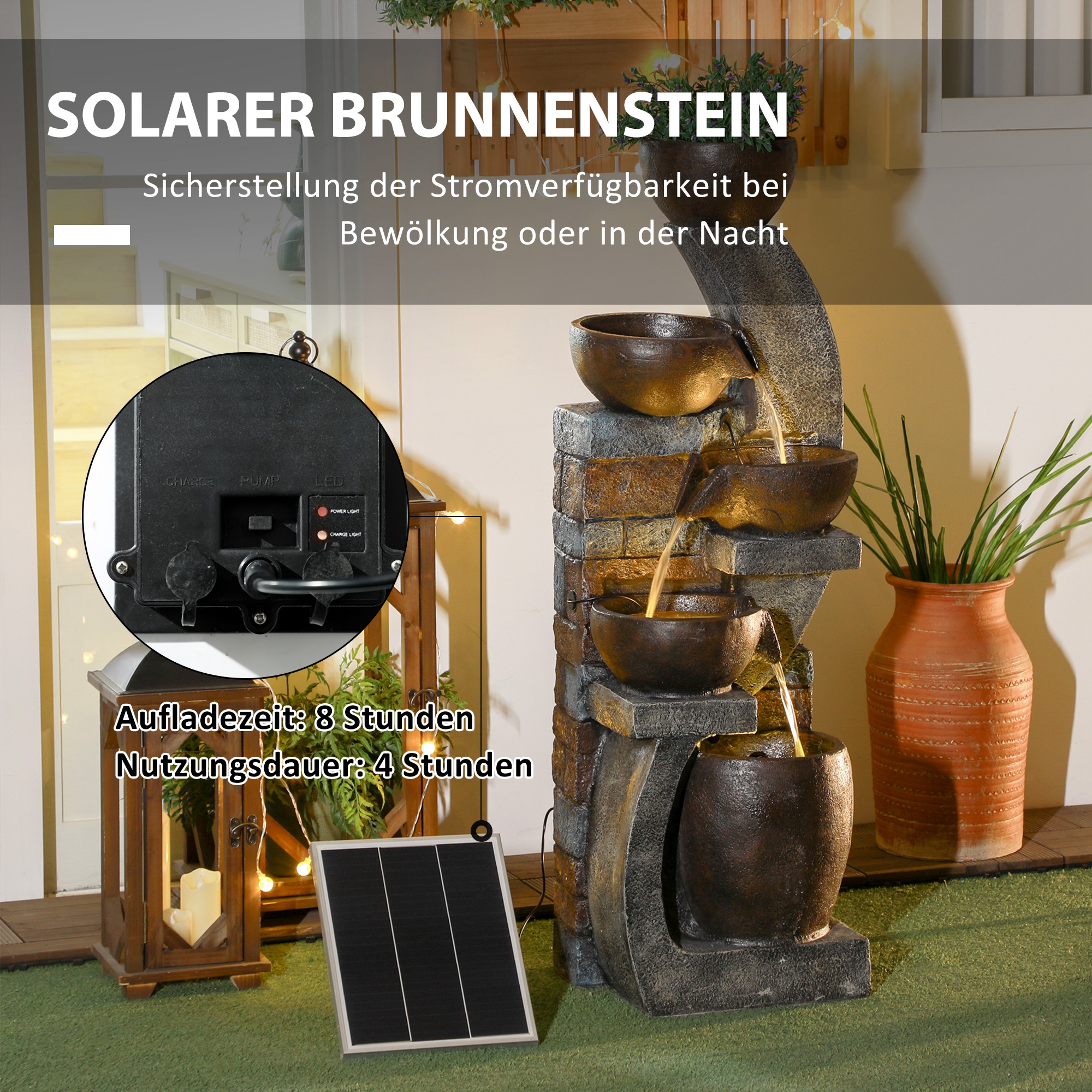 Outsunny Tuinfontein, Baksteenoptiek, 5-traps, Zonne-energie, LED's, 107cm, Kunstharz, Grijs/Bruin