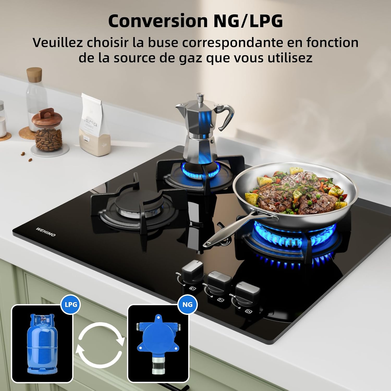 Wehimo - Placa de cocina de gas de 3 fuegos, placa de gas de 3 fuegos empotrable, mesa de cocción 60 cm, rejilla hierro fundido, 7750 W, cristal negro