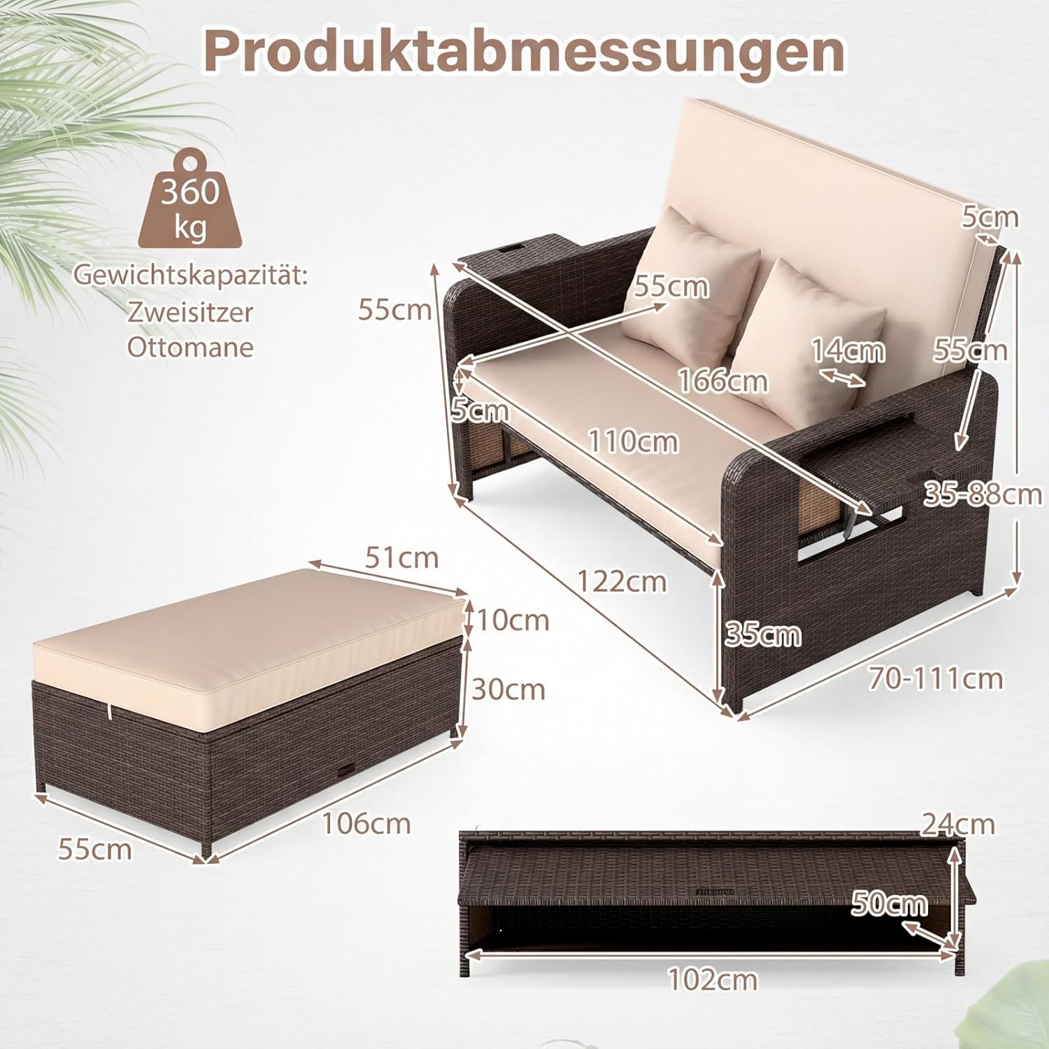 COSTWAY 3 in 1 Polyrattan Sonnenliege, Gartenliege mit Verstellbarer Rückenlehne & Seitenablagen, Loungebett, Doppelliege mit Kissen, Gartensofa mit Hocker & Stauraum für Garten