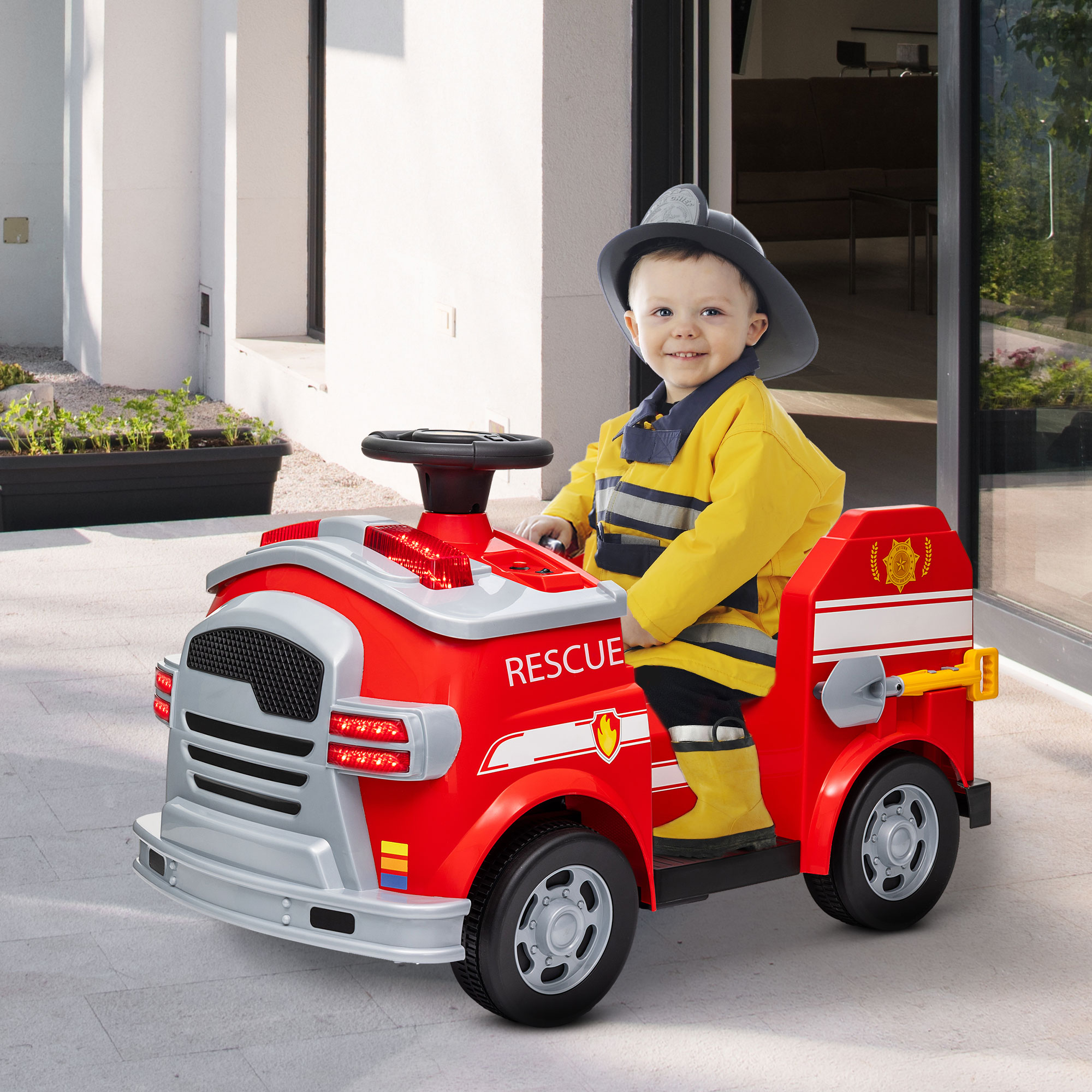 AIYAPLAY Brandweerauto, Elektrische Kinderauto, max. 3 km/u, Sirene, Zwaailicht, Gereedschap, voor Kinderen 3-5 Jaar
