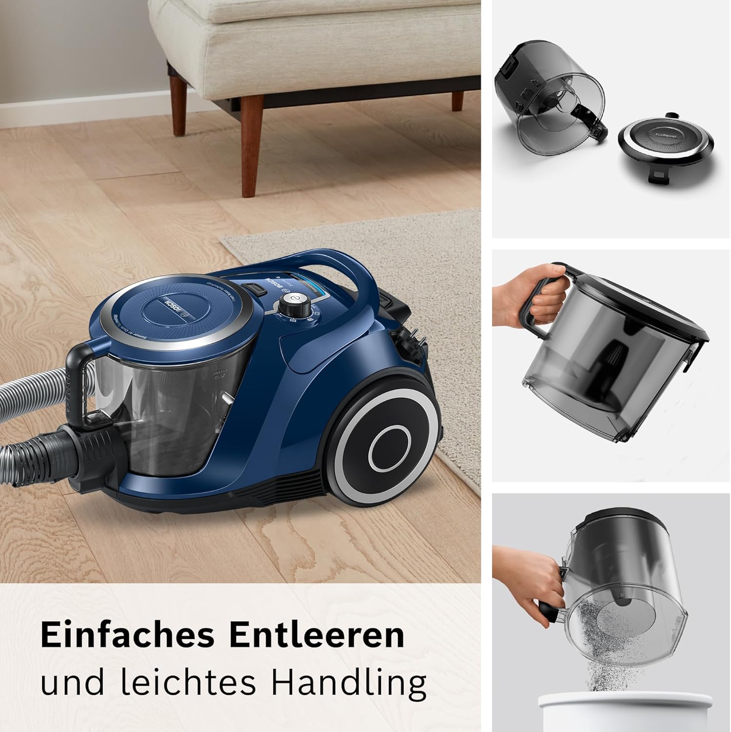 Bosch Staubsauger beutellos Serie 6 BGC41X36, Bodenstaubsauger, ideal für Allergiker, Hygiene-Filter, Bodendüse für Parkett, Teppich, Fliesen, Starke Saugleistung, leise, 700 W, blau