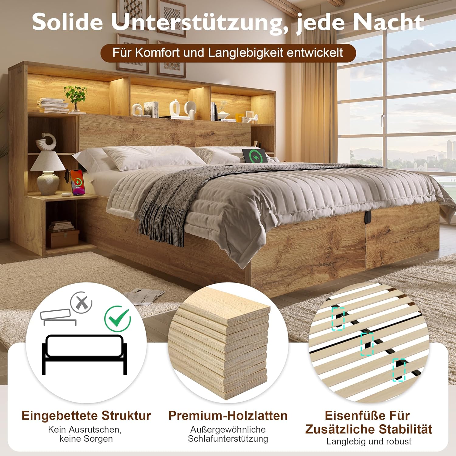 ANIROY Doppelbett Holzbett 180x200cm, Hydraulisches Stauraumbett mit Kopfteil, Stauraum-Kopfteil mit LED & USB-C-Anschluss, Systembett Bettgestell mit Lattenrost, ohne Matratze, Eiche