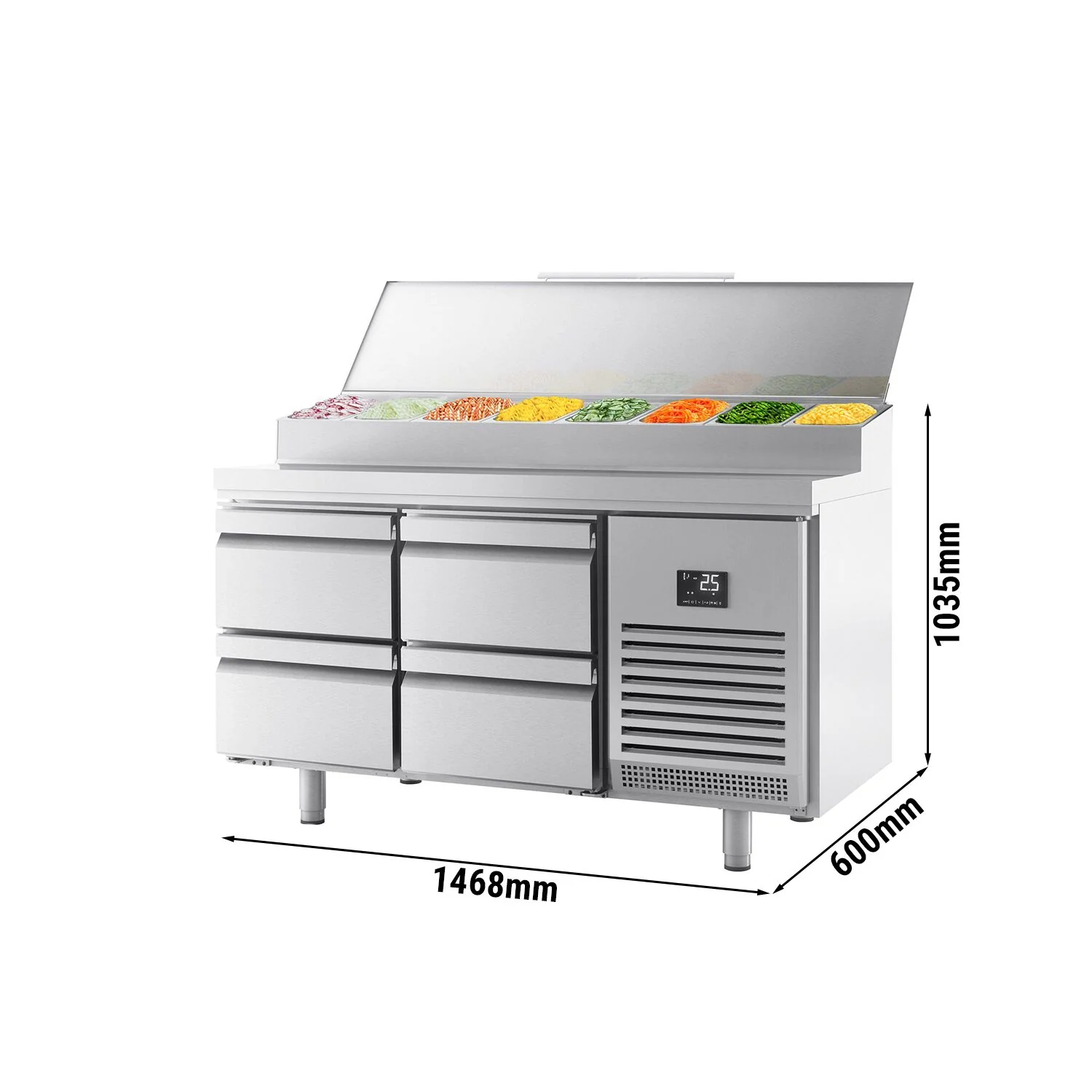 Saladette - 1468x600 mm - 4 skuffer - med lokk - for 8x GN 1/4 beholdere