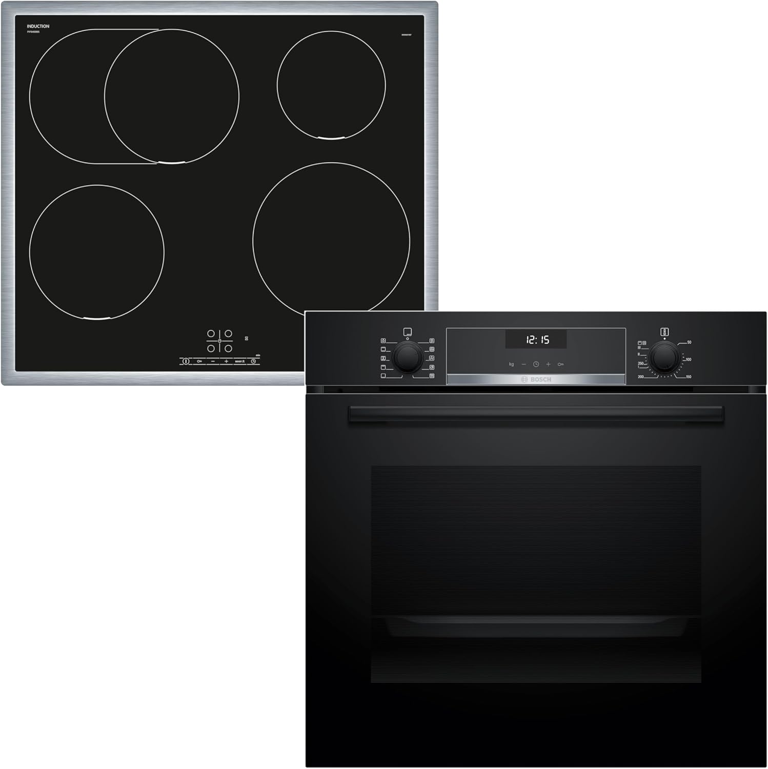 HBD635CS64 Backofen-Set, Einbau-Backofen 60 cm, HBG537BB3, Serie 6, EcoClean, 3D Heißluft, Soft Close, Schwarz & Induktionskochfeld 60 cm, PIF645BB5E Serie 4, PowerBoost, Edelstahlrahmen