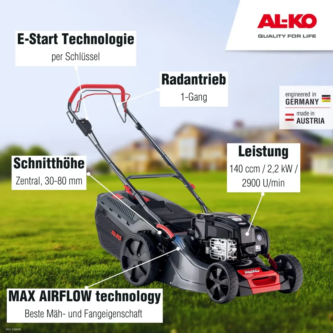 AL-KO Benzine grasmaaier Comfort 46.0 SP-A Plus (46 cm maaibreedte, 2.1 kW motorvermogen, Robuuste plaatstalen behuizing, Achterwielaandrijving, Mulchfunctie, Zij-uitworp, voor gazons tot 1400 m2)