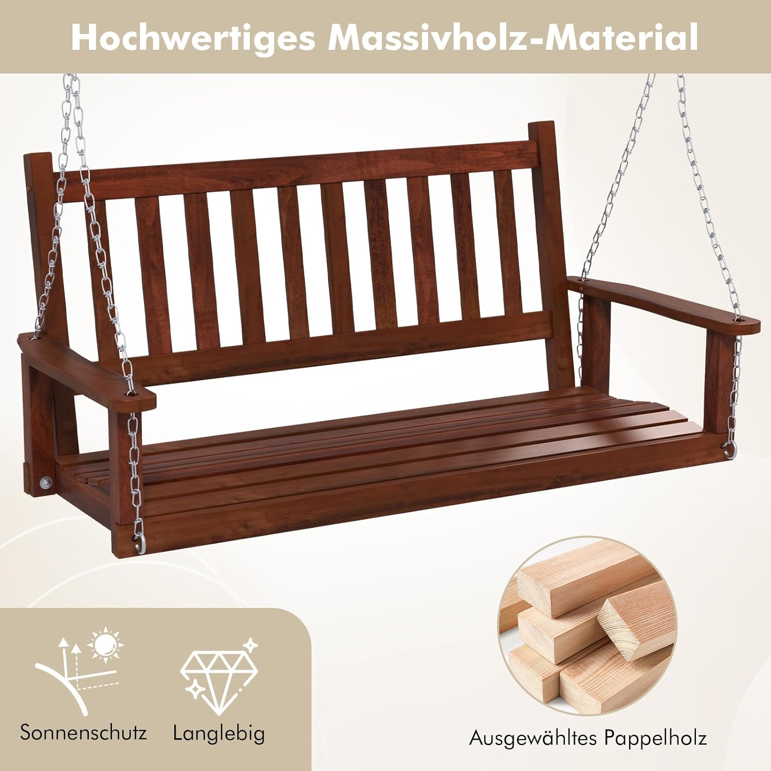 COSTWAY Hängebank aus Massivholz, 3-Sitzer Gartenschaukel zum Aufhängen, Hollywoodschaukel bis 360 kg belastbar, Outdoor-Schaukelbank für Terrasse, Garten, Hof, Braun, 168 x 65 x 63 cm