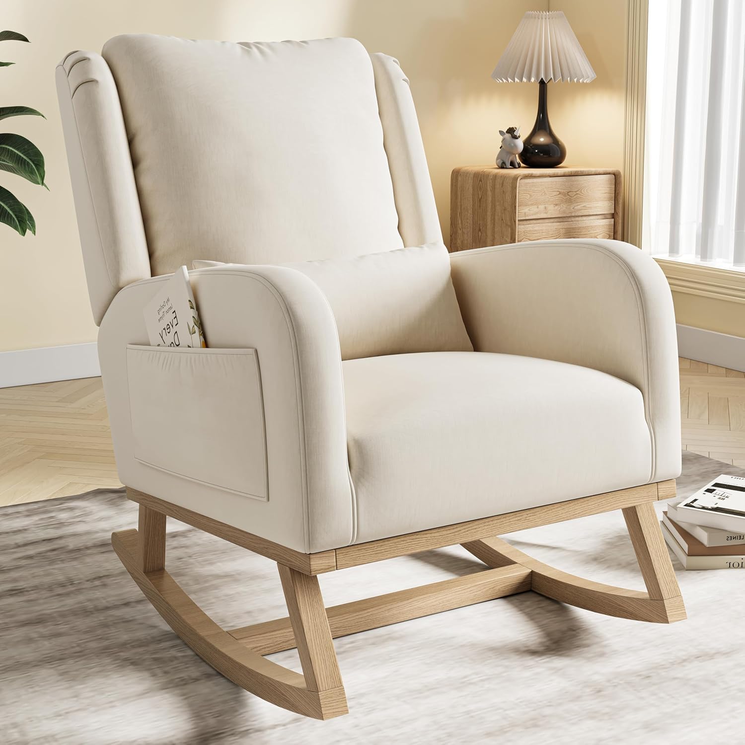 Schaukelstuhl mit Holzkufen & Seitentaschen, Beige Relaxstuhl Sessel Stuhl Wohnzimmersessel Schaukelsessel Leinen Gepolsterter Stillsessel für Wohnzimmer Schlafzimmer Babyzimmer, bis 150 kg