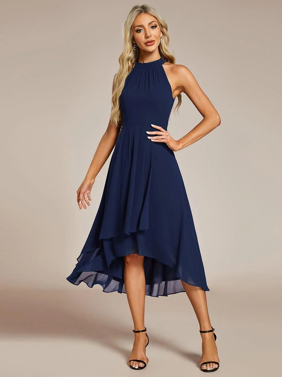 Damen Chiffon Midi-Kleid in A-Linie | Festliches Halterneck Kleid mit Plissee-Details | Sommerliches Kleid f��r Hochzeitsg?ste