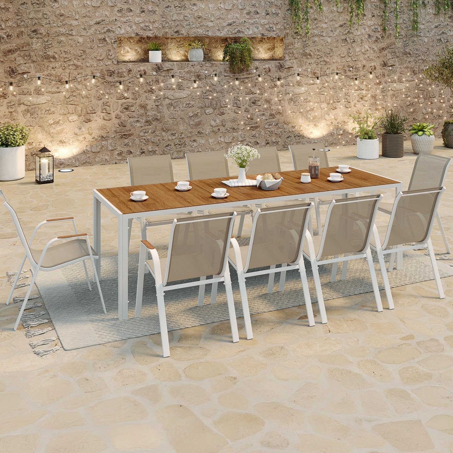 IDMarket - Muebles de jardín NOUMEA mesa 240 cm tapa de vidrio templado en imitación de madera y 10 sillas apilables blancas y madera