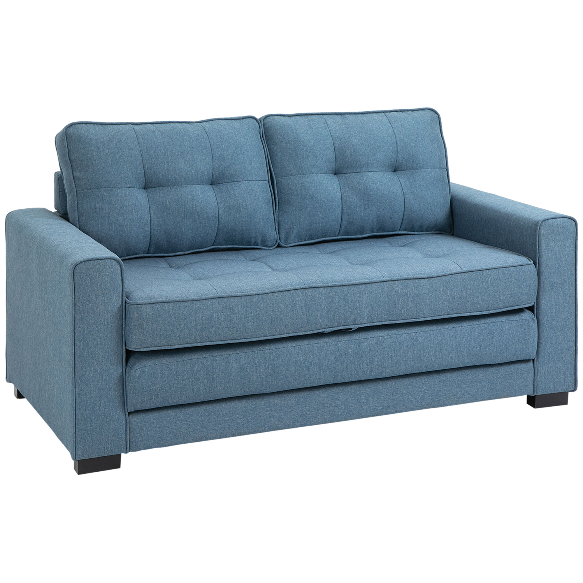 slaapbank, opklapbare sofa 2-zits, stoffen slaapbank, sofa met slaapfunctie, linnen touch, rubber hout, blauw, 147.5 x 75 x 85 cm