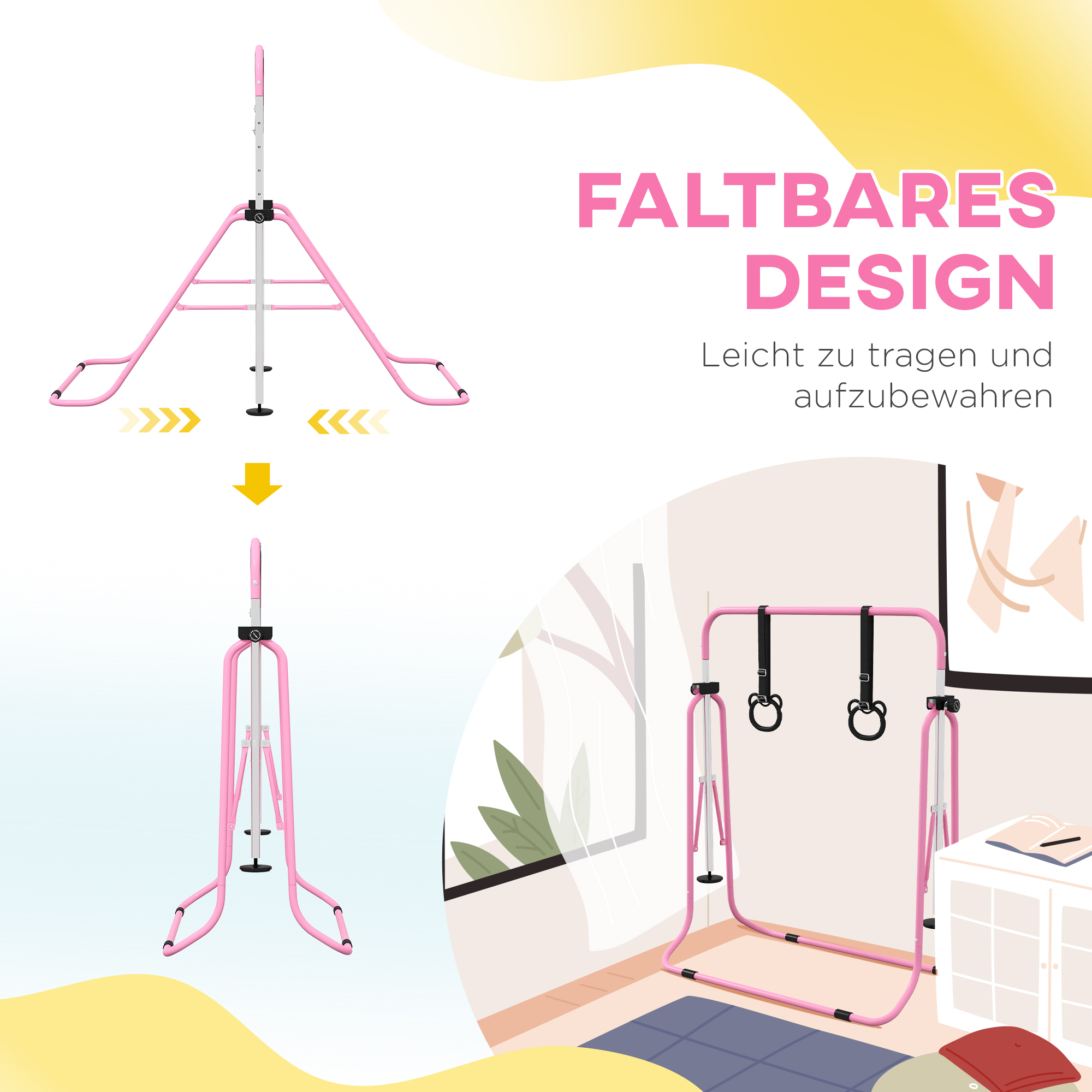 Kinderturnbar met Ringen, Hoogteverstelbaar, Opvouwbaar, Antislip, Stalen Frame, 148x105x88-128 cm, Roze