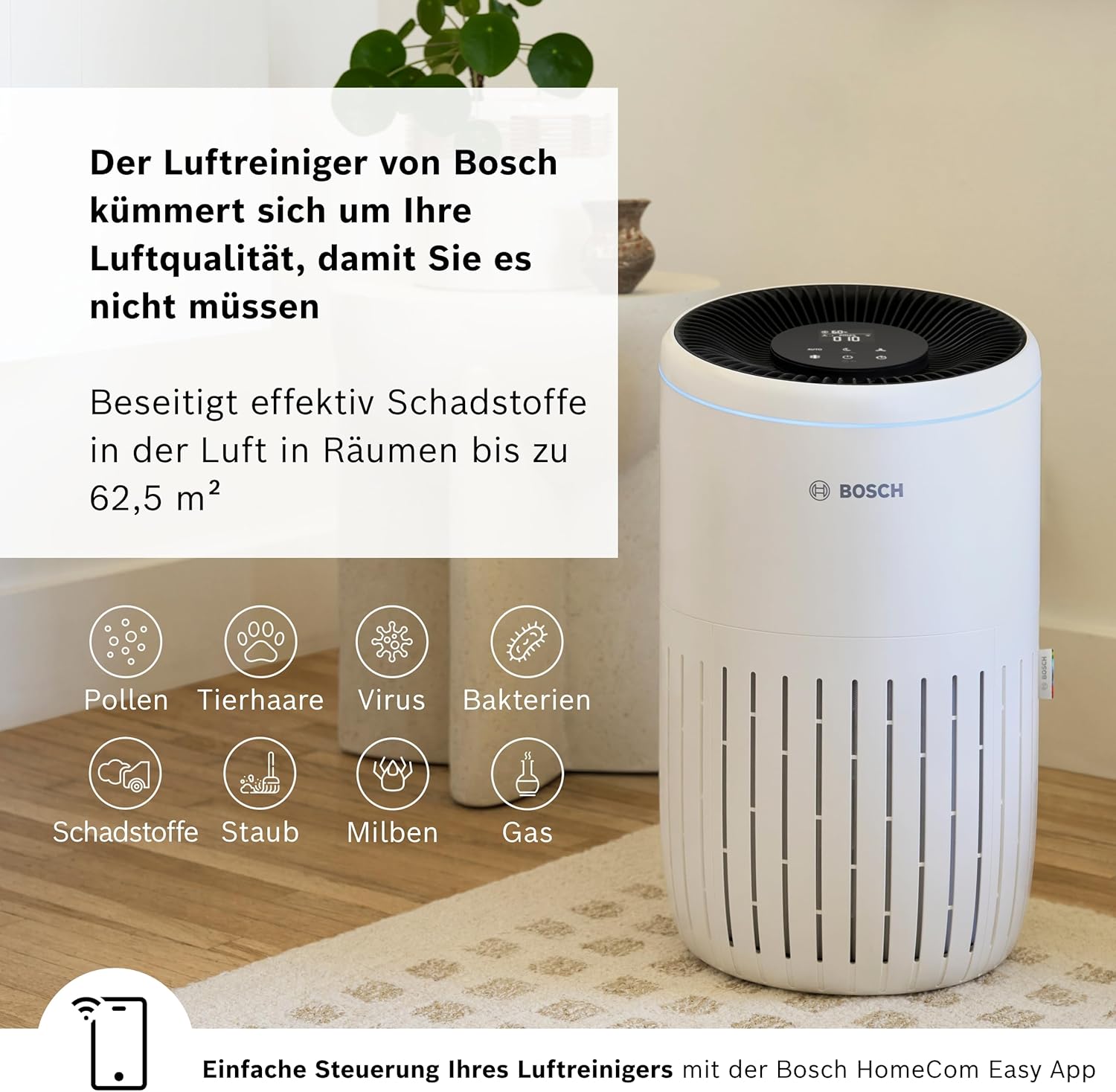 Bosch Air 4000i App-gesteuerter Luftreiniger - Für Räume bis zu 62,5 m² - Entfernt Schadstoffe - Mit 3-in-1 Luftfilter, Smart Sensor, Automatikmodus, Ruhemodus (< 25 dB(A)) - CADR: 300 m³/h