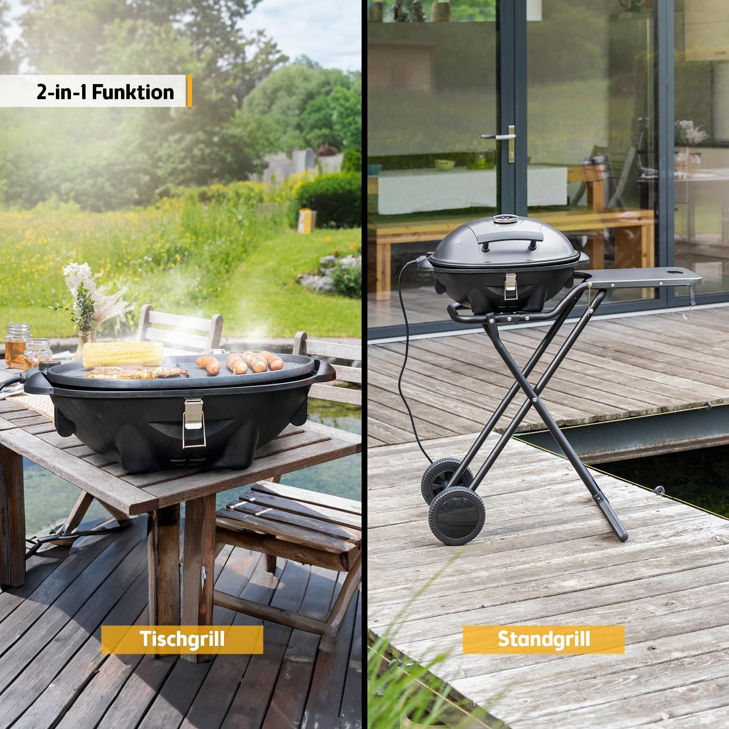 TZS First Austria 2in1 Elektrogrill – extrem stabiler & klappbarer Elektrogrill für Balkon – abnehmbarer 2400 Watt Standgrill mit Deckel, Standfuß & Rädern, Kunststoff/Metall – inkl. Temperaturregler