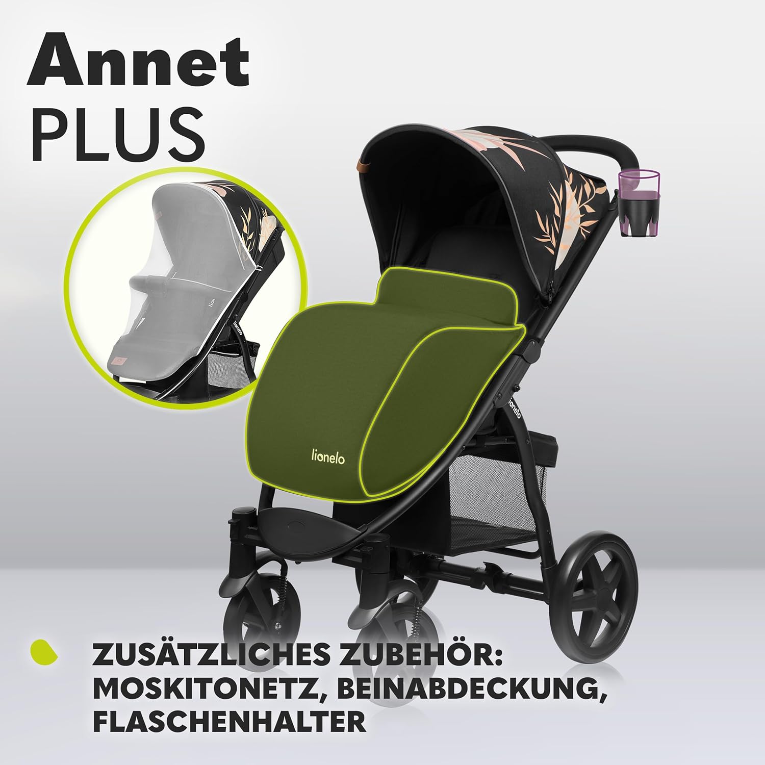 LIONELO Annet Plus Buggy bis 22 kg mit Liegefunktion, Kinderwagen klein zusammenklappbar mit Zubehör, Eva-Schaum-Räder, Moskitonetz, Fußdecke Getränkehalter, Korb