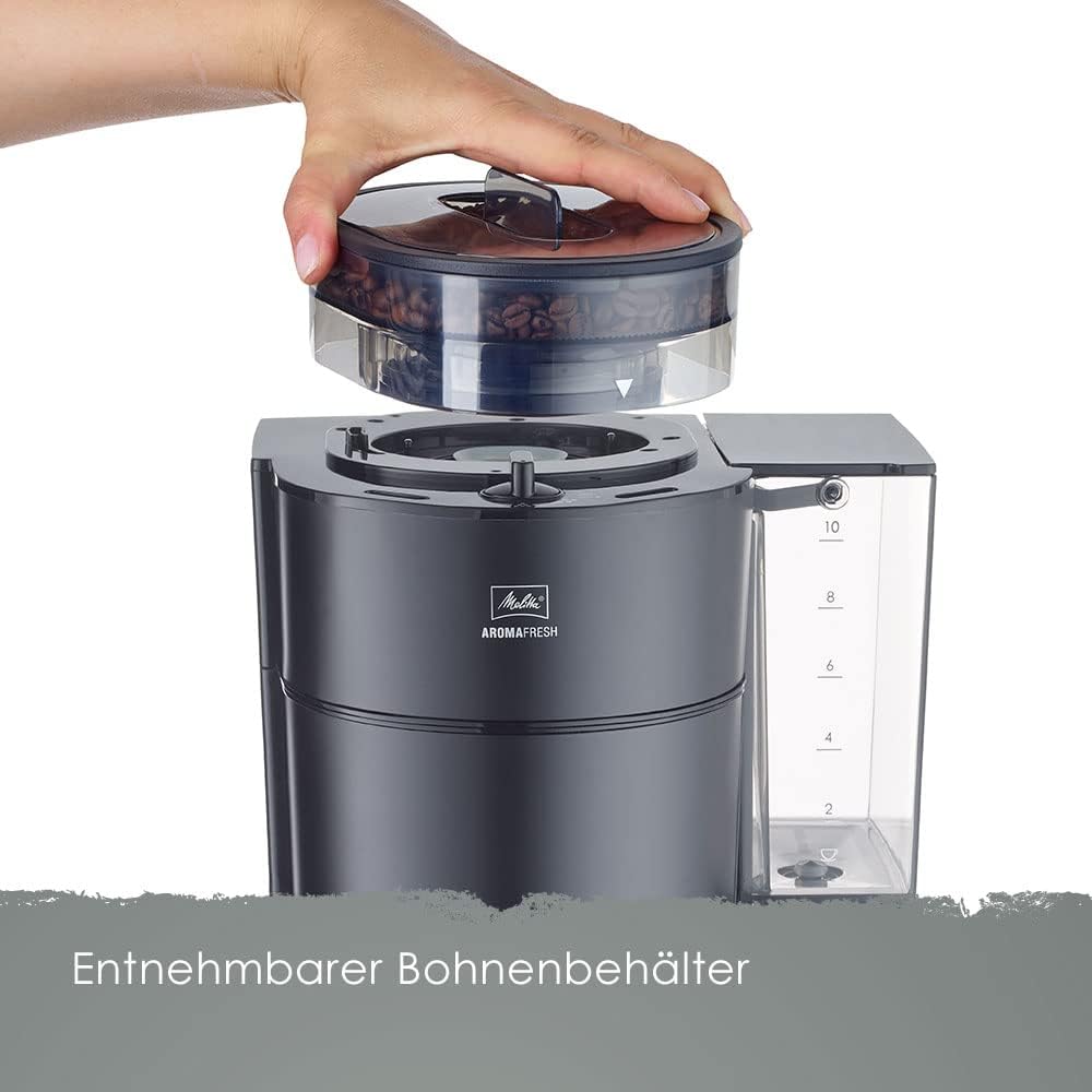 Melitta AromaFresh - Filterkaffeemaschine - mit Glaskanne - integriertes Mahlwerk - Timer Funktion - 10 Tassen - Pure Black